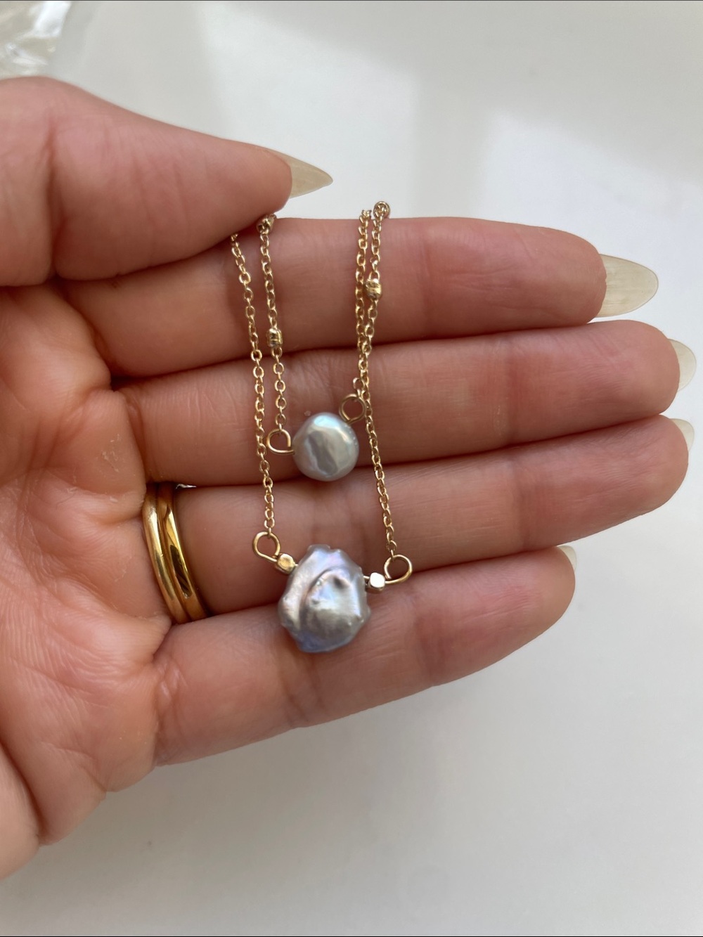 Gold Chain Necklace with Iridescent Baroque Pearls - Women Jewelry